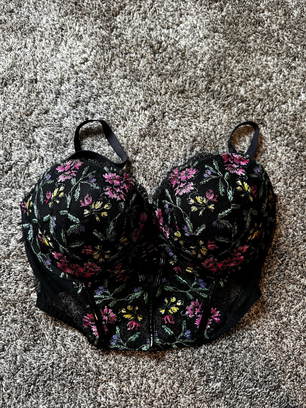 Victoria's Secret Black Floral Embroidered Push-Up Bra Corset